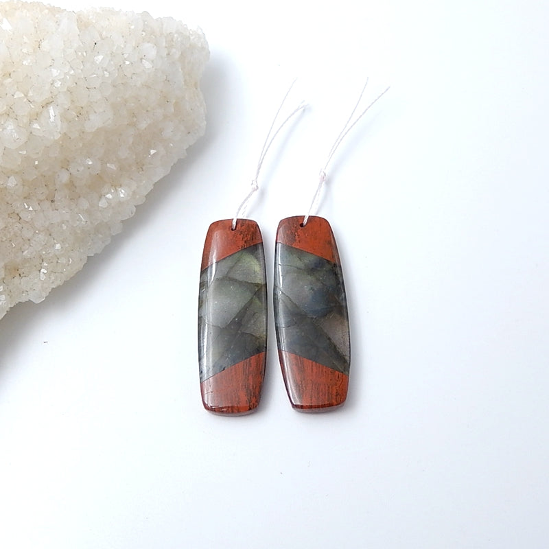 Labradorite And Red River Jasper Glued Gemstone Earrings Pair 42x14x5mm,11.5g - MyGemGarden