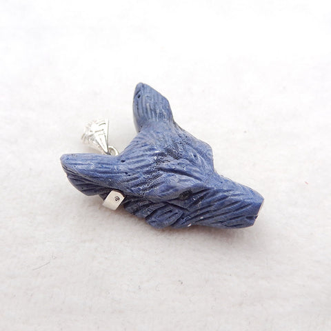 Pendentif en argent 925 avec tête de loup sculptée à la main en corail bleu naturel, 41x31x15 mm, 20,4 g