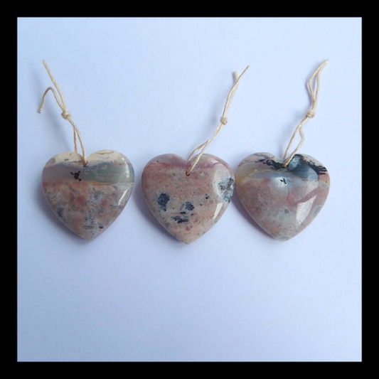 3 pcs Ocean Jasper Gemstone, Heart Pendant With Heart Pendant Beads, 24x25x7mm, 24x25x6mm, 17.4g - MyGemGarden