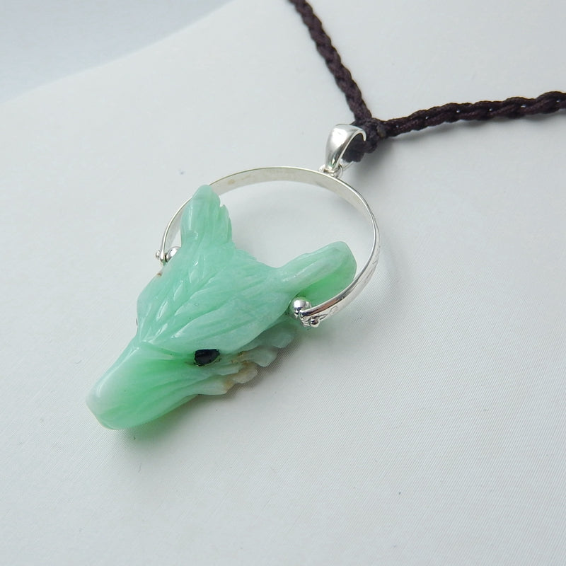 Handcraft Chrysoprase carved Wolf Head Pendants, 925 Sterling Silver Pinch Bail, 28x20x9mm, 6.2g - MyGemGarden