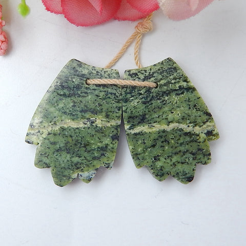 Carved Camouflage Jasper Feather Earrings,Handcarved Gemstone Feather Dangle Earrings,Natural Jewelry,25x18x4mm,5.2g - MyGemGarden