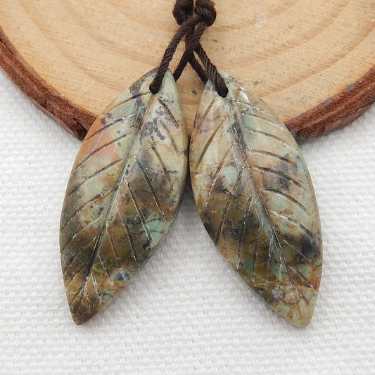 Green Opal Carved Leaf Earrings Stone Pair, 34x14x4mm, 6.6g