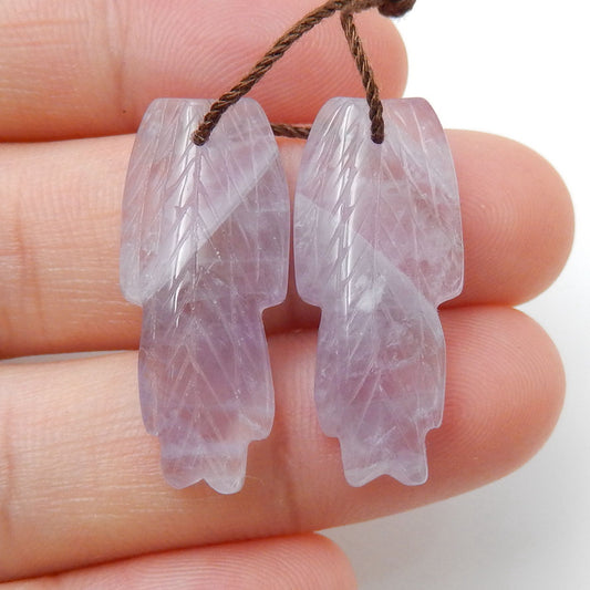 New! Hand Carved Amethyst Feather Earrings Pair, Natural Stone, 26x11x4mm, 4.4g - MyGemGarden
