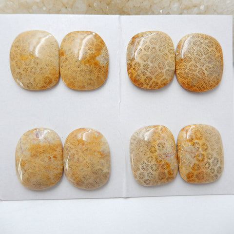 4 Pairs Natural Indonesian Fossil Coral Gemstone Cabochons, 23x19x5mm, 24x16x6mm, 31.3g - MyGemGarden