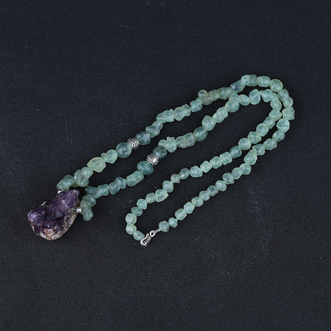 Natural Prehnite With Silver Beads Gemstone Necklace, Amethyst Pendant, Handmade Jewelry, 1 Strand, 24 inch, 85g