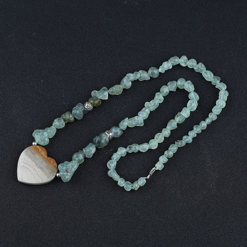 Natural Prehnite With Silver Beads Gemstone Necklace, Wave Jasper Heart Shape Pendant, Handmade Jewelry, 1 Strand, 24 inch, 76.5g