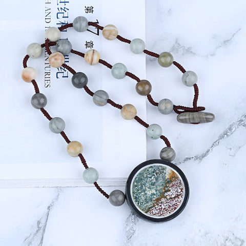 Natural Ocean Jasper, Obsidian Gemstone Necklace, Handmade Jewelry, 1 Strand, 20 inch, 43g