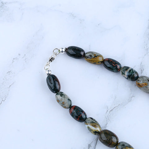 Natural Ocean Jasper Gemstone With Silver Beads Necklace, Heart Shape Pendant, Handmade Jewelry, 1 Strand, 24 inch, 115g