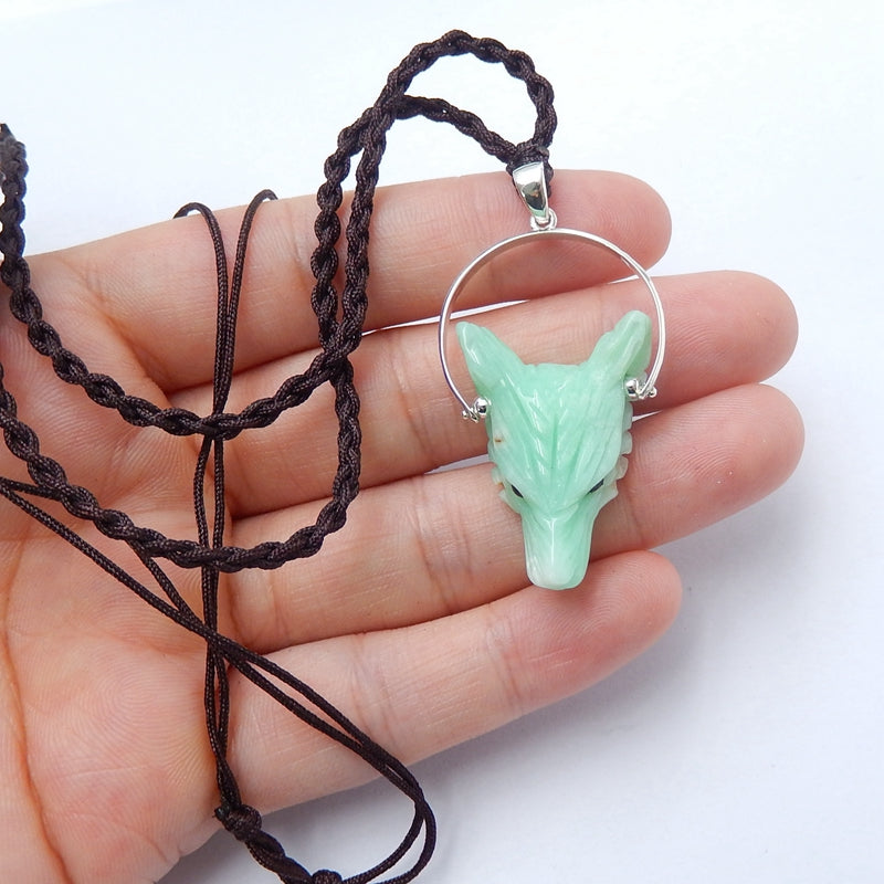 Handcraft Chrysoprase carved Wolf Head Pendants, 925 Sterling Silver Pinch Bail, 28x20x9mm, 6.2g - MyGemGarden