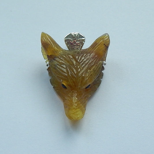 Yellow Opal Carved Wolf Head Necklace Pendant, 925 Sterling Silver Pinch Bail, 33x26x11mm, 9.6g - MyGemGarden