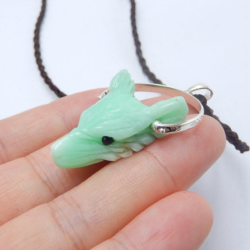 Handcraft Chrysoprase carved Wolf Head Pendants, 925 Sterling Silver Pinch Bail, 28x20x9mm, 6.2g - MyGemGarden
