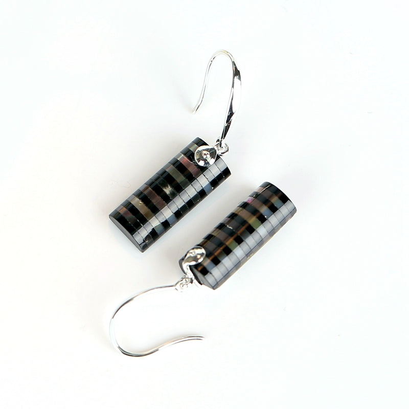 New design Onyx and Silver shell Drilled Intarsia Earrings , 925 Sterling Silver Findings, 13x8x5mm, 3.5g - MyGemGarden
