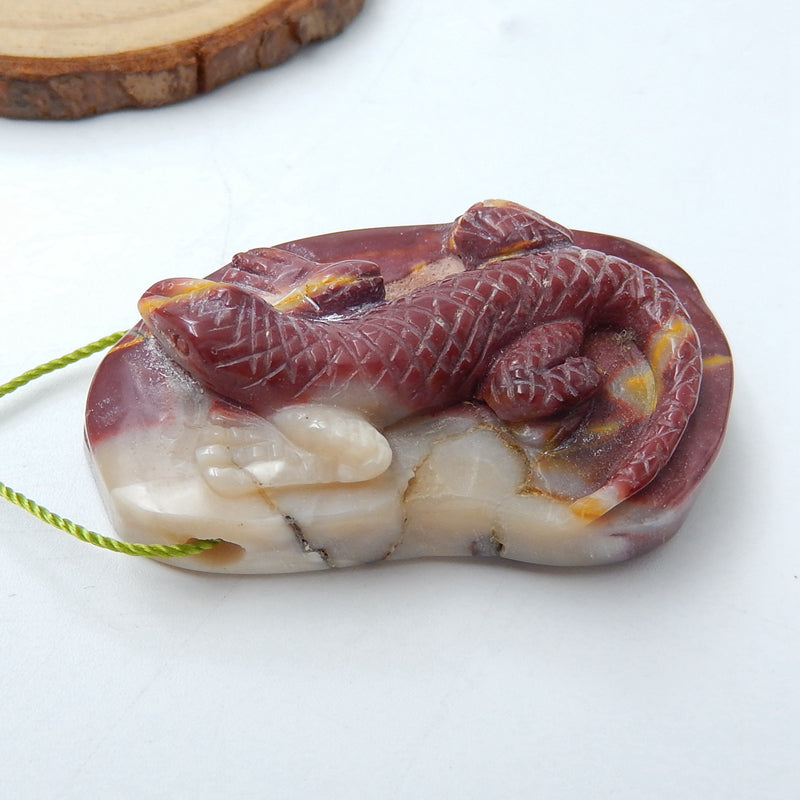 Handmade mookaite jasper Carved Lizard Pendant Bead, 44x26x12mm, 20.8g - MyGemGarden