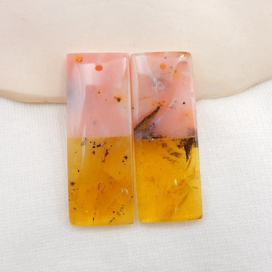 Pink Opal and Yellow Opal Glued Rectangle Earrings Stone Pair, 35x13x4mm, 7.2g