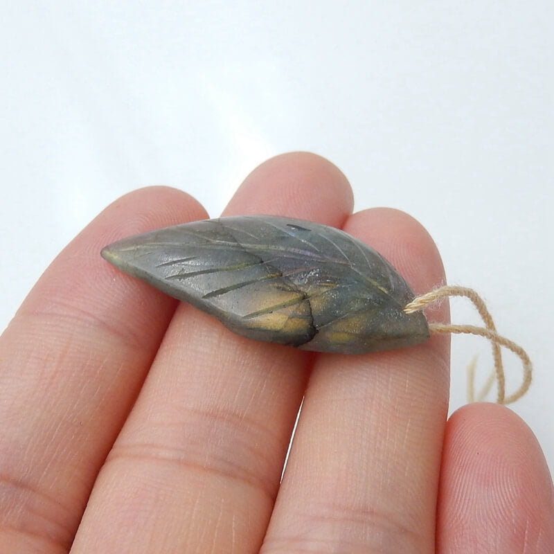 Natural Labradorite carved leaf Pendant Bead, 33x16x5mm, 3.5g - MyGemGarden