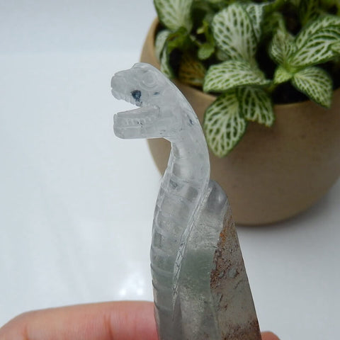 New Arrival ghost quartz hand carved snake Cabochon, Animal Gemstone Decoration, 83x25x22mm, 42.6g - MyGemGarden