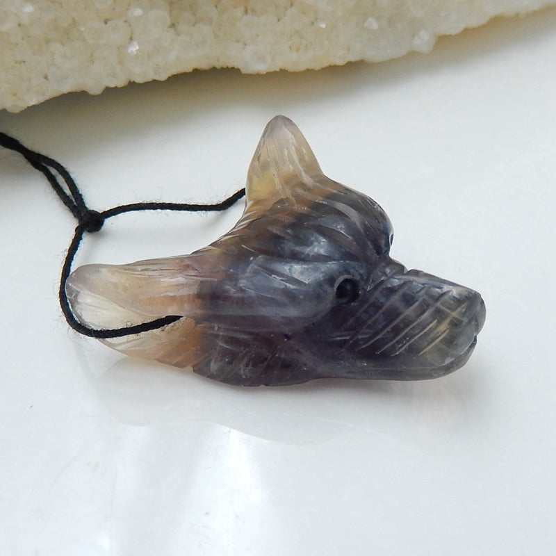 Handmade Fluorite Carved Wolf Head Pendant Bead, 31x29x12mm, 11.9g - MyGemGarden