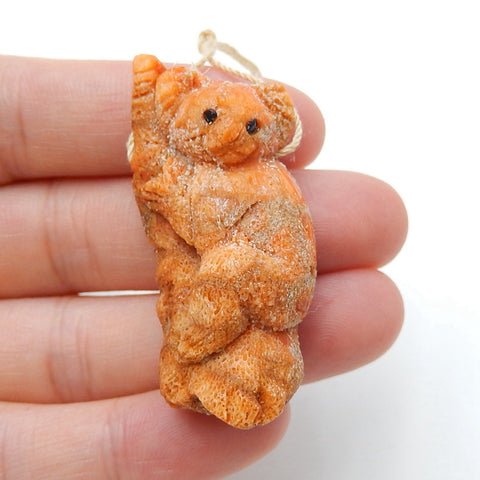 Natural orange coral Hand-Carved Cute Koala Pendant, 40x20x15mm, 9.7g - MyGemGarden
