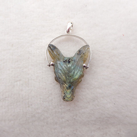 Pendentif en argent 925 avec tête de loup sculptée en labradorite de haute qualité, 24 x 18 x 8 mm, 4,5 g