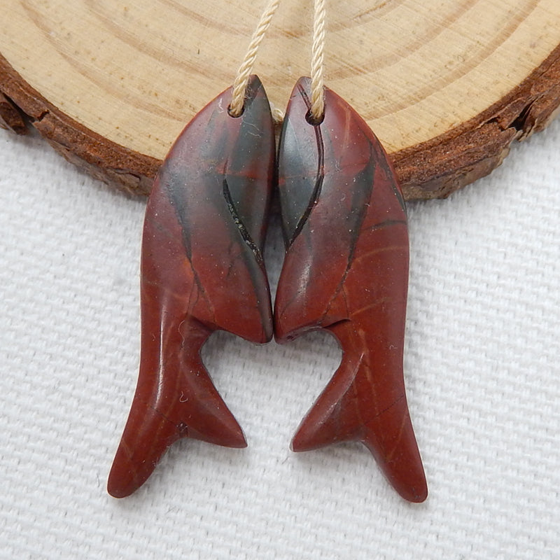 Hot sale Multi-Color Picasso jasper Carved fish Earrings Pair, stone for Earrings making, 34x11x4mm, 3.9g - MyGemGarden