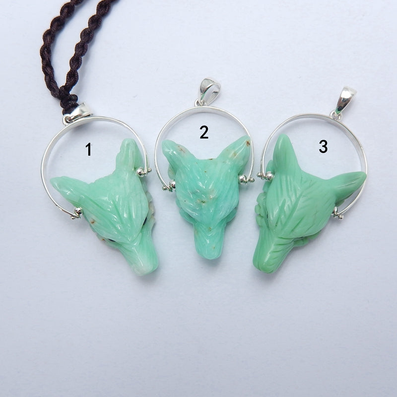 Handcraft Chrysoprase carved Wolf Head Pendants, 925 Sterling Silver Pinch Bail, 28x20x9mm, 6.2g - MyGemGarden
