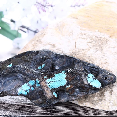 Online Sale Turquoise Carved lizard Gemstone Cabochon, 108x46x12mm, 74.6g - MyGemGarden