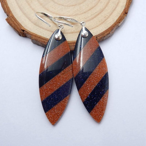 Blue Gold Stone and Red Gold Stone Intarsia Earrings, 925 Sterling Silver Findings, 43x15x4mm, 8.8g - MyGemGarden