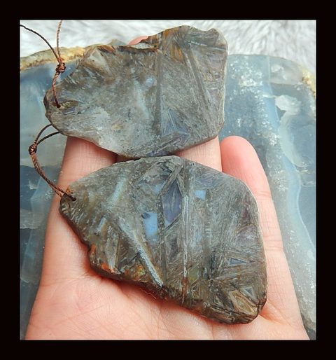 New,Nugget Bamboo Agate Gemstone Earrings Pair,56x35x3mm,24.0g - MyGemGarden