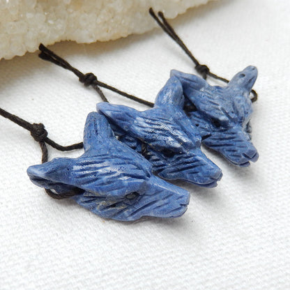 3 PCS Fashion Handcarved Natural blue Fossil coral Wolf Head Pendant Bead Animal Pendant Carving Gemstone, 25x19x9mm, 10.9g - MyGemGarden