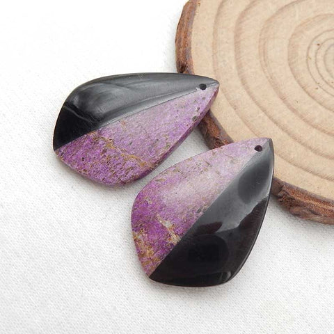 Paire de boucles d'oreilles en pierres précieuses collées avec pierre violette africaine Stichtite et obsidienne, 31x21x5mm, 7.5g