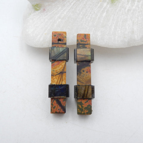 Paire de boucles d'oreilles faites à la main en jaspe et labradorite collées Red Creek, 33x8 mm, 8,1 g