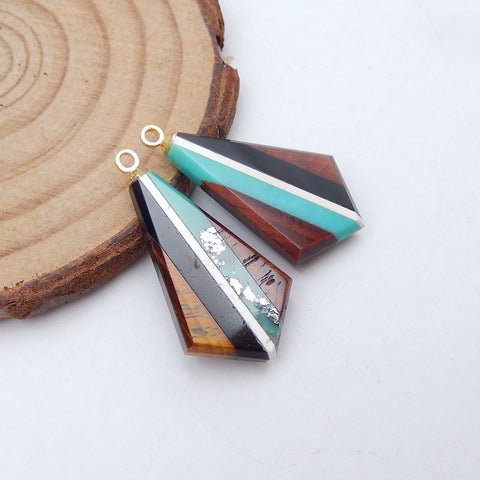Intarsia Of Turquoise, Howlite,Tiger's Eye, Obsidian Earring Beads 29x14x4mm, 4.7g
