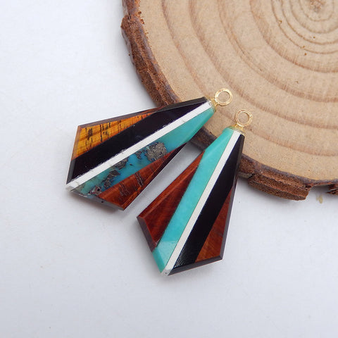 Intarsia Of Turquoise, Howlite,Tiger's Eye, Obsidian Earring Beads 29x14x4mm, 4.7g