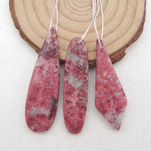 3 PCS Natural Thulite Jasper Pendant Beads 42x15x5mm, 47x14x5mm, 14.3g
