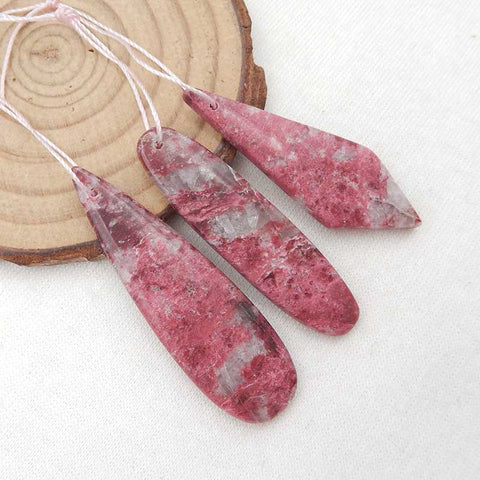 3 PCS Natural Thulite Jasper Pendant Beads 42x15x5mm, 47x14x5mm, 14.3g