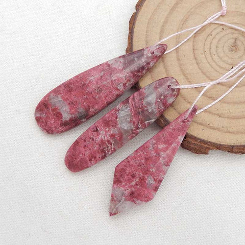 3 PCS Natural Thulite Jasper Pendant Beads 42x15x5mm, 47x14x5mm, 14.3g
