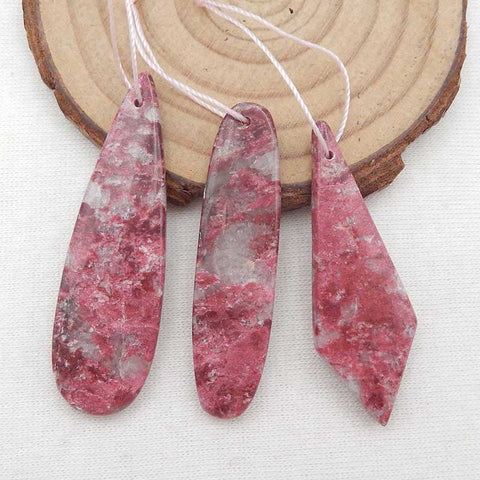 3 PCS Natural Thulite Jasper Pendant Beads 42x15x5mm, 47x14x5mm, 14.3g