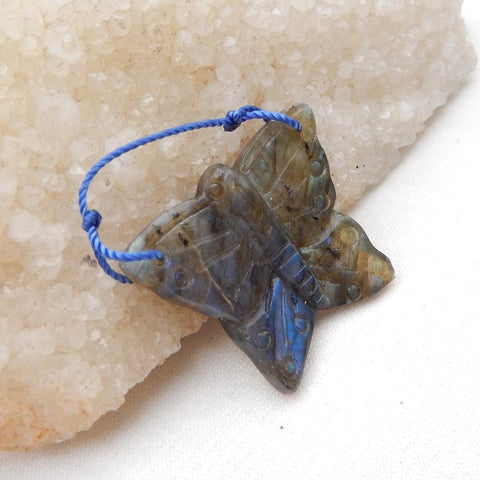 Perle pendentif papillon sculpté en labradorite, 28x35x5mm, 8.5g