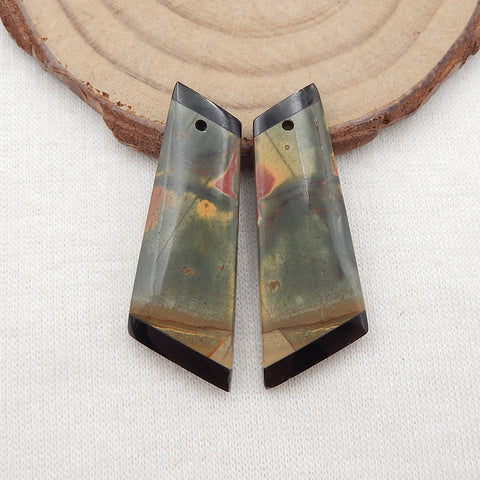 Paire de Boucles d'Oreilles Naturelles Multicolores Jaspe Picasso et Obsidienne Intarsia, 34x13x4mm, 6.3g