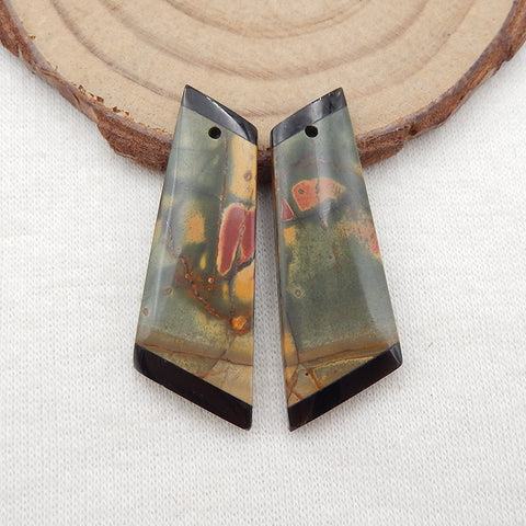 Paire de Boucles d'Oreilles Naturelles Multicolores Jaspe Picasso et Obsidienne Intarsia, 34x13x4mm, 6.3g