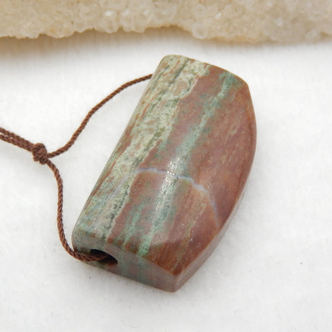 Pierre pendante percée sur le côté à rayures vertes naturelles, 36x20x10mm, 14.5g