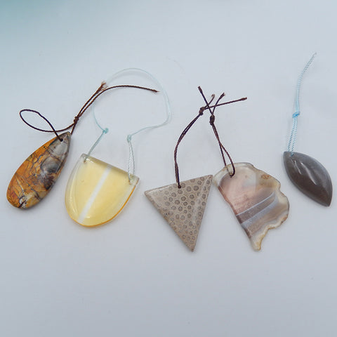 5 PCS Natural Yellow Quartz, Multi-Color Picasso Jasper, Cymophane, Agate, Fossil Coral Pendant Beads 33x23x2mm, 26x15x6m, 19g