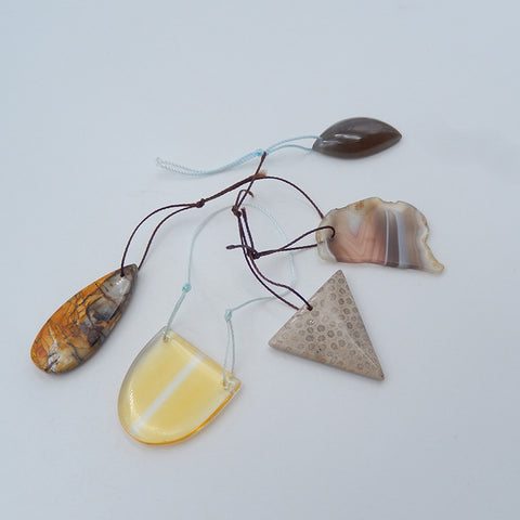 5 PCS Natural Yellow Quartz, Multi-Color Picasso Jasper, Cymophane, Agate, Fossil Coral Pendant Beads 33x23x2mm, 26x15x6m, 19g