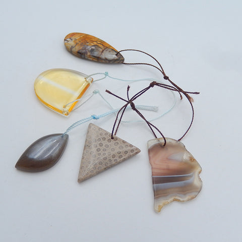 5 PCS Natural Yellow Quartz, Multi-Color Picasso Jasper, Cymophane, Agate, Fossil Coral Pendant Beads 33x23x2mm, 26x15x6m, 19g