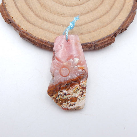 Perle pendentif en pierre gemme rectangulaire percée de fleurs sculptées naturelles en rhodonite, 31X15X4mm, 3.4g