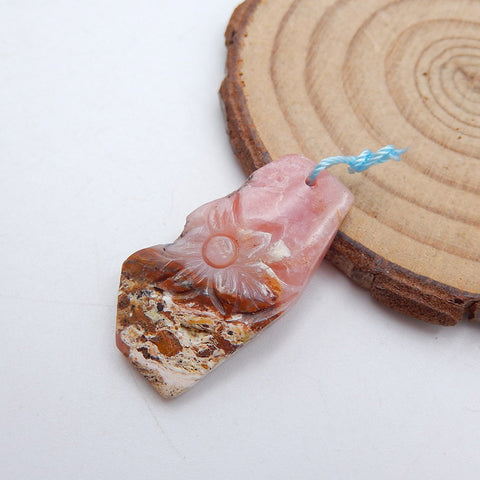 Perle pendentif en pierre gemme rectangulaire percée de fleurs sculptées naturelles en rhodonite, 31X15X4mm, 3.4g