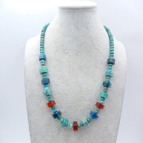 Natural Chrysocolla, Red Agate, Blue Apatite Crystal Gemstone Beads for Necklace, adjustable length 24-32 inches, 91.6g