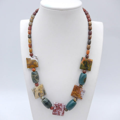 Jewelry Necklace Composed Of Ocean Jasper And Multi-Color Picasso Jasper, Adjustable Necklace, 1 Strand, 18-26 Inch, 58g