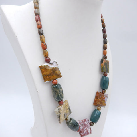 Jewelry Necklace Composed Of Ocean Jasper And Multi-Color Picasso Jasper, Adjustable Necklace, 1 Strand, 18-26 Inch, 58g