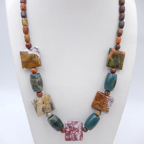 Jewelry Necklace Composed Of Ocean Jasper And Multi-Color Picasso Jasper, Adjustable Necklace, 1 Strand, 18-26 Inch, 58g